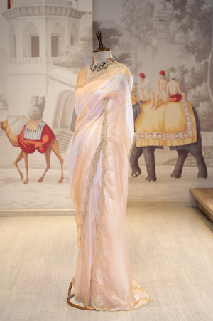 Peach Sheer Organza Saree With Pearl And Cutdana Details