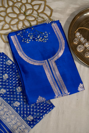 Royal Blue Embroidered Unstitched Suit with Dupatta