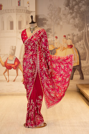 Raspberry Pink Crush Tissue Unstitched Saree With Thread And Stone Details