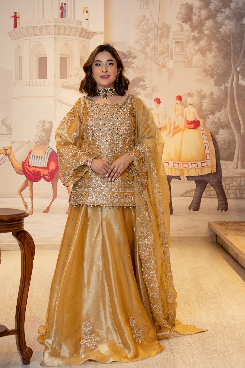 Mustard Gold Tissue Handwork Kurti Lehenga with Dupatta