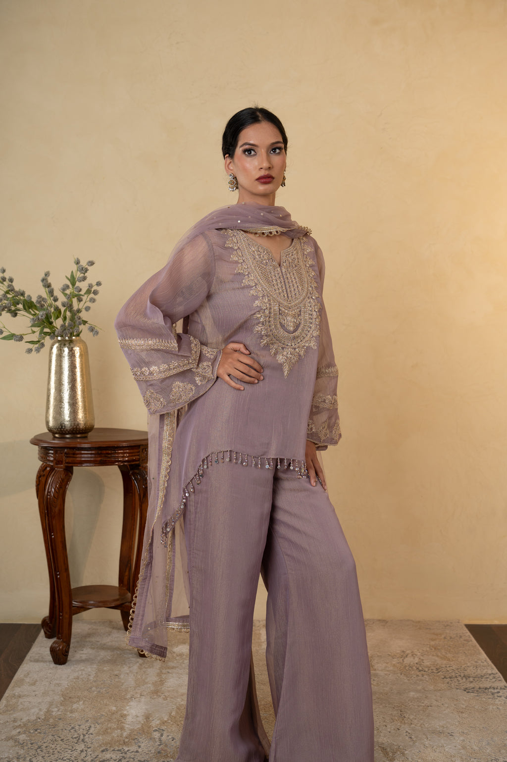 Mauve Tissue Embroidered  Palazzo Dress with  Net Dupatta