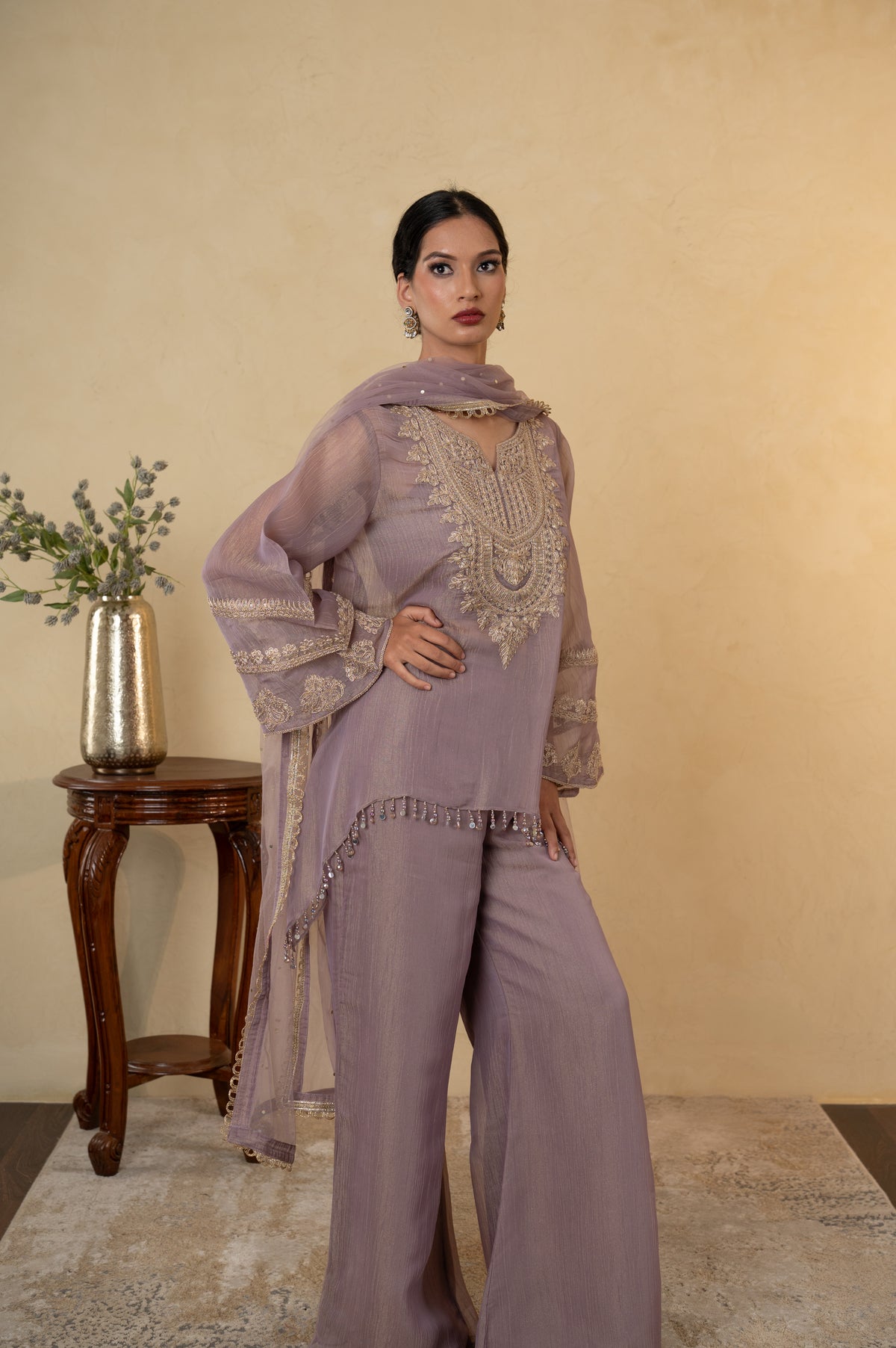 Mauve Tissue Embroidered  Palazzo Dress with  Net Dupatta