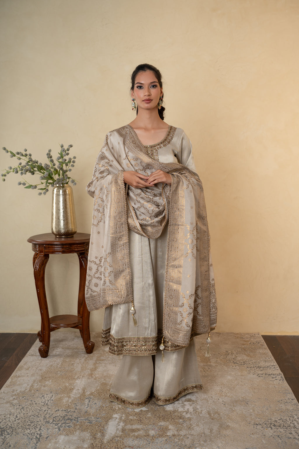 Beige Tissue Embroidered Anarkali Palazzo with Silk Weaving Dupatta