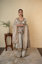 Beige Tissue Embroidered Anarkali Palazzo with Silk Weaving Dupatta