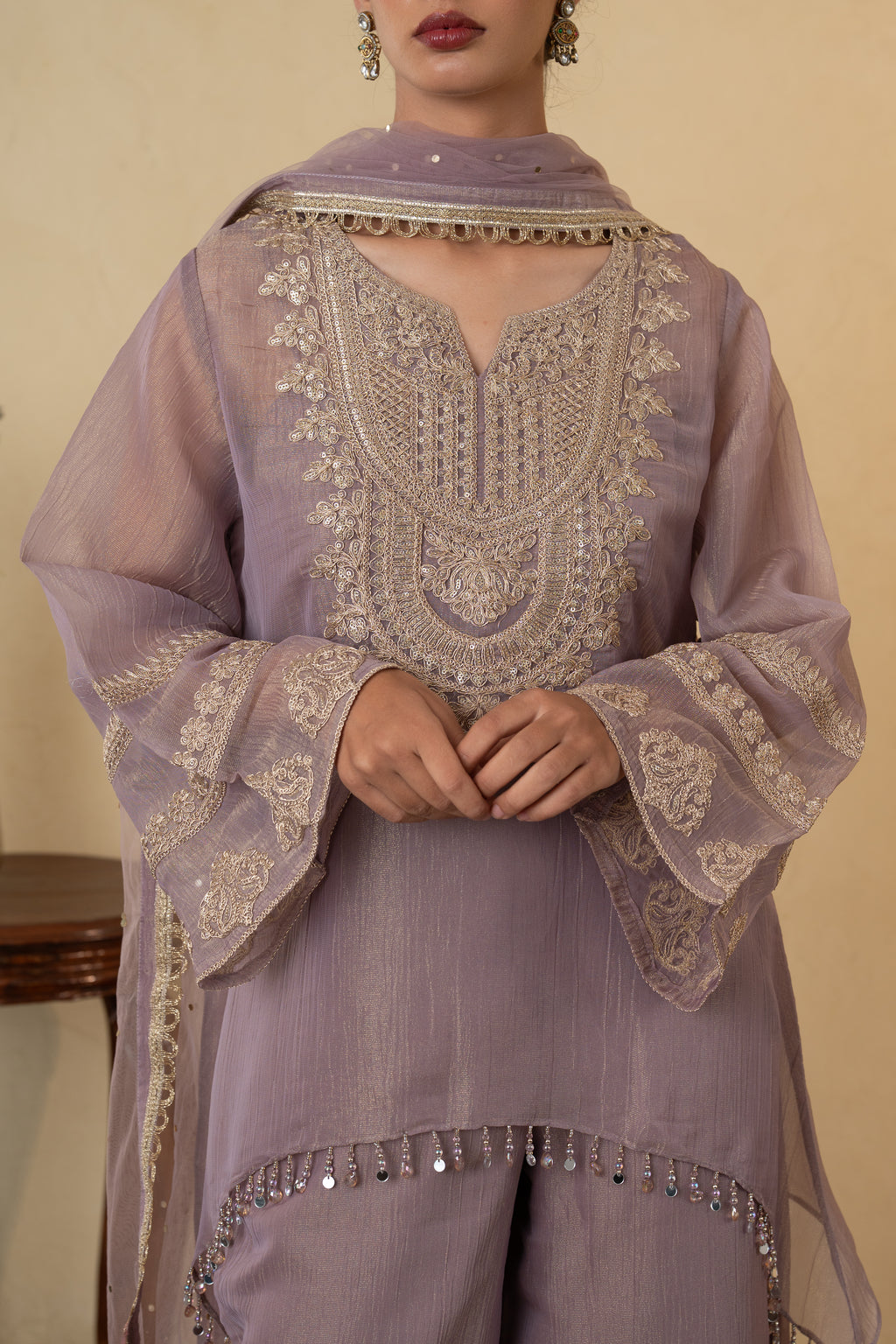 Mauve Tissue Embroidered  Palazzo Dress with  Net Dupatta