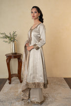 Beige Tissue Embroidered Anarkali Palazzo with Silk Weaving Dupatta
