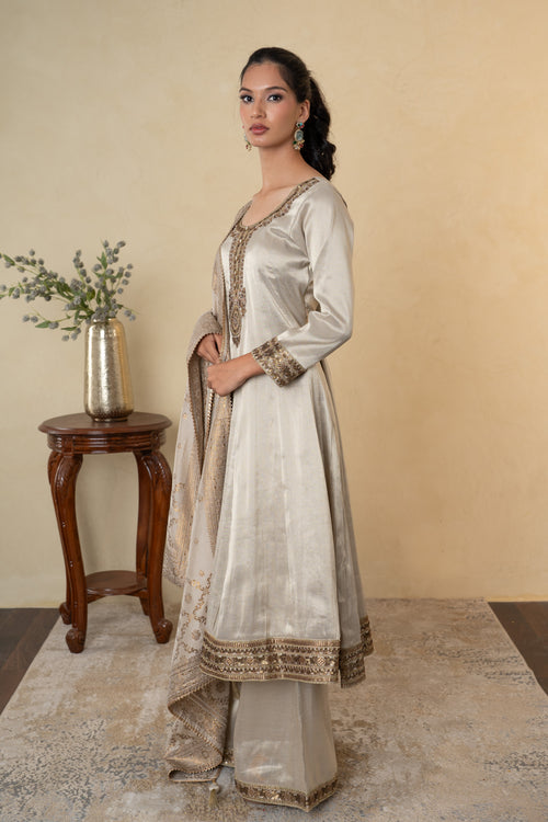 Beige Tissue Embroidered Anarkali Palazzo with Silk Weaving Dupatta