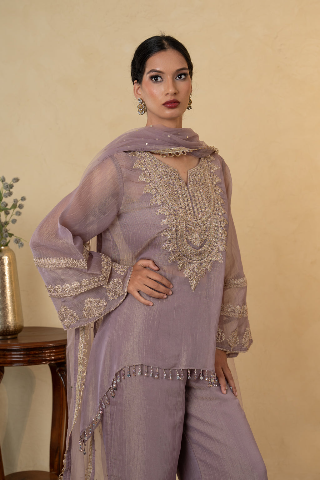Mauve Tissue Embroidered  Palazzo Dress with  Net Dupatta