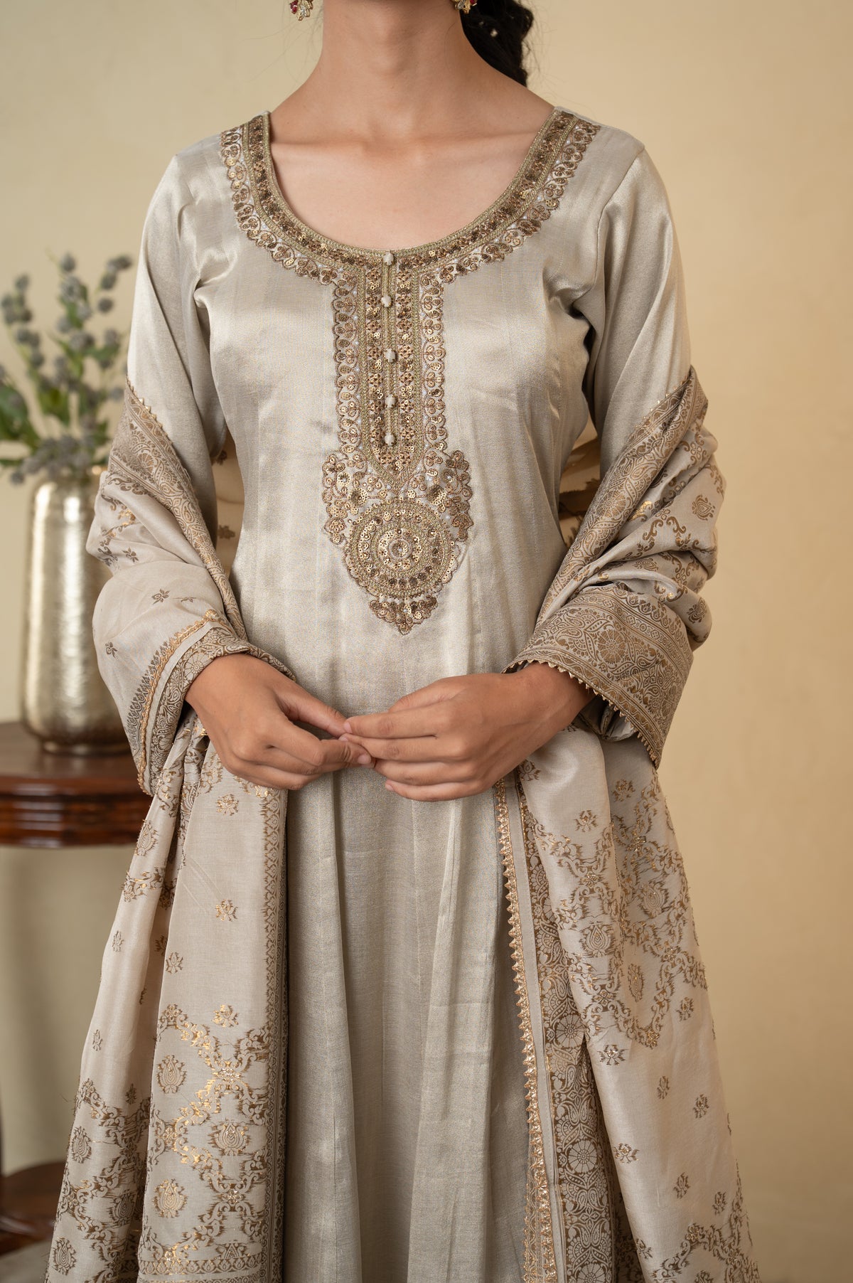 Beige Tissue Embroidered Anarkali Palazzo with Silk Weaving Dupatta