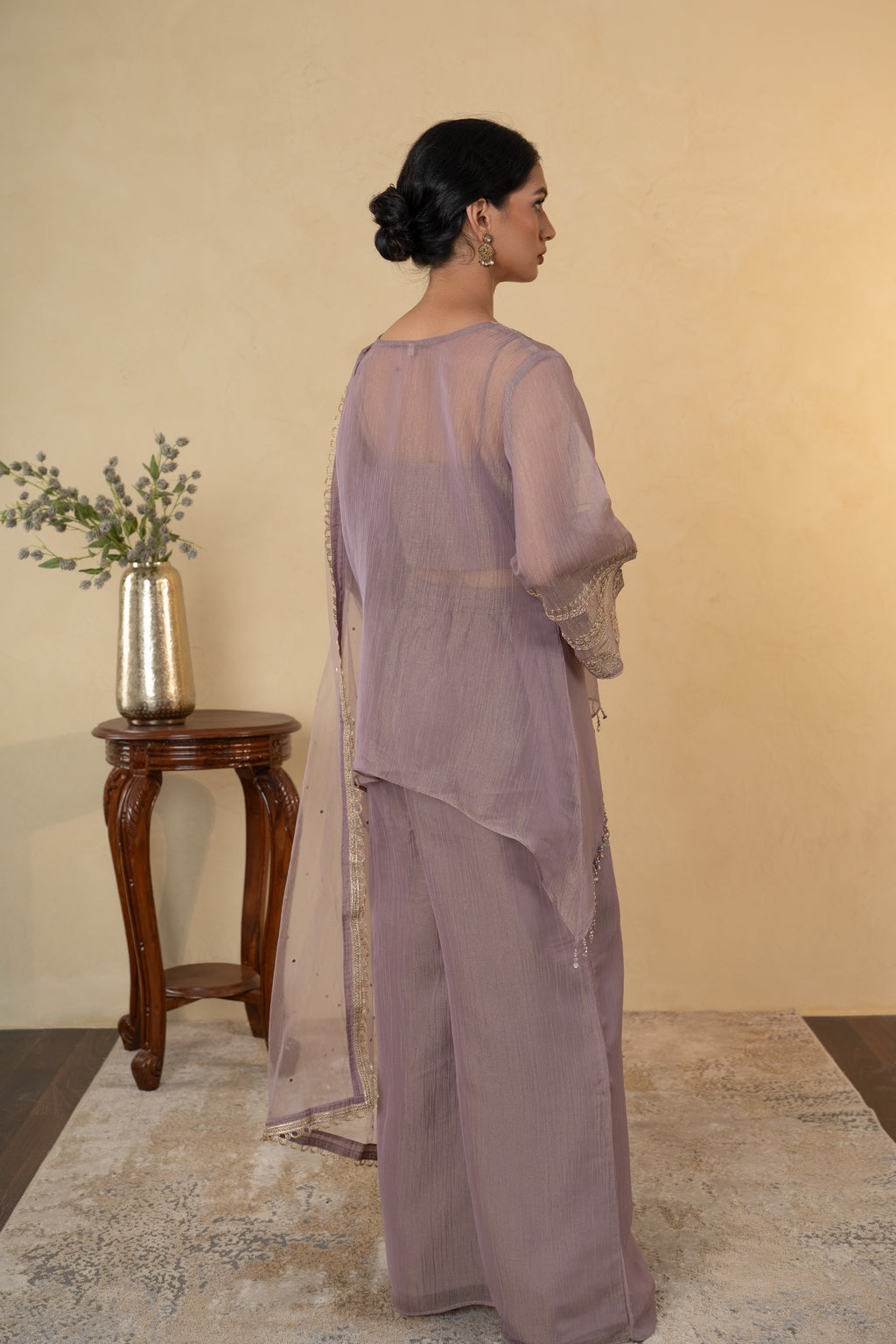 Mauve Tissue Embroidered  Palazzo Dress with  Net Dupatta