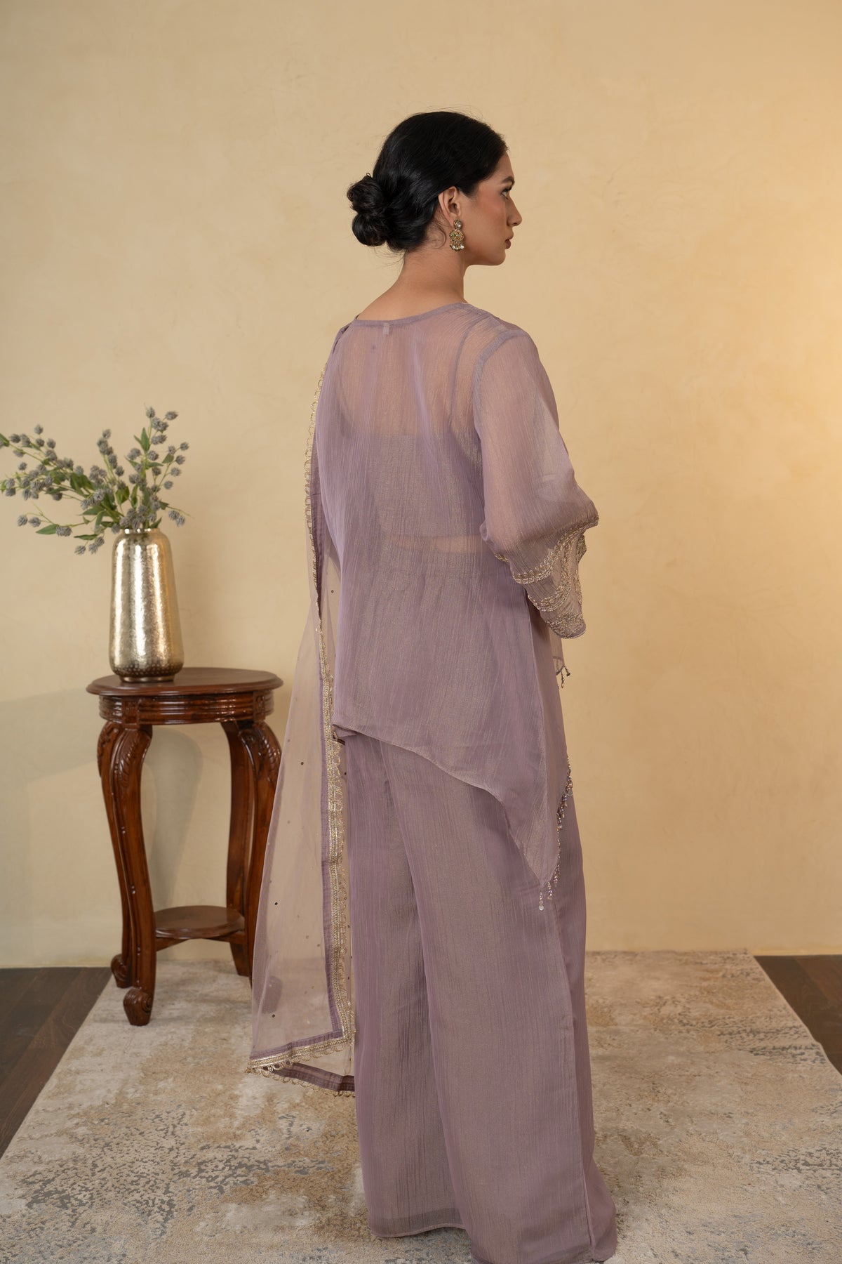 Mauve Tissue Embroidered  Palazzo Dress with  Net Dupatta
