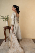 Beige Tissue Embroidered Anarkali Palazzo with Silk Weaving Dupatta