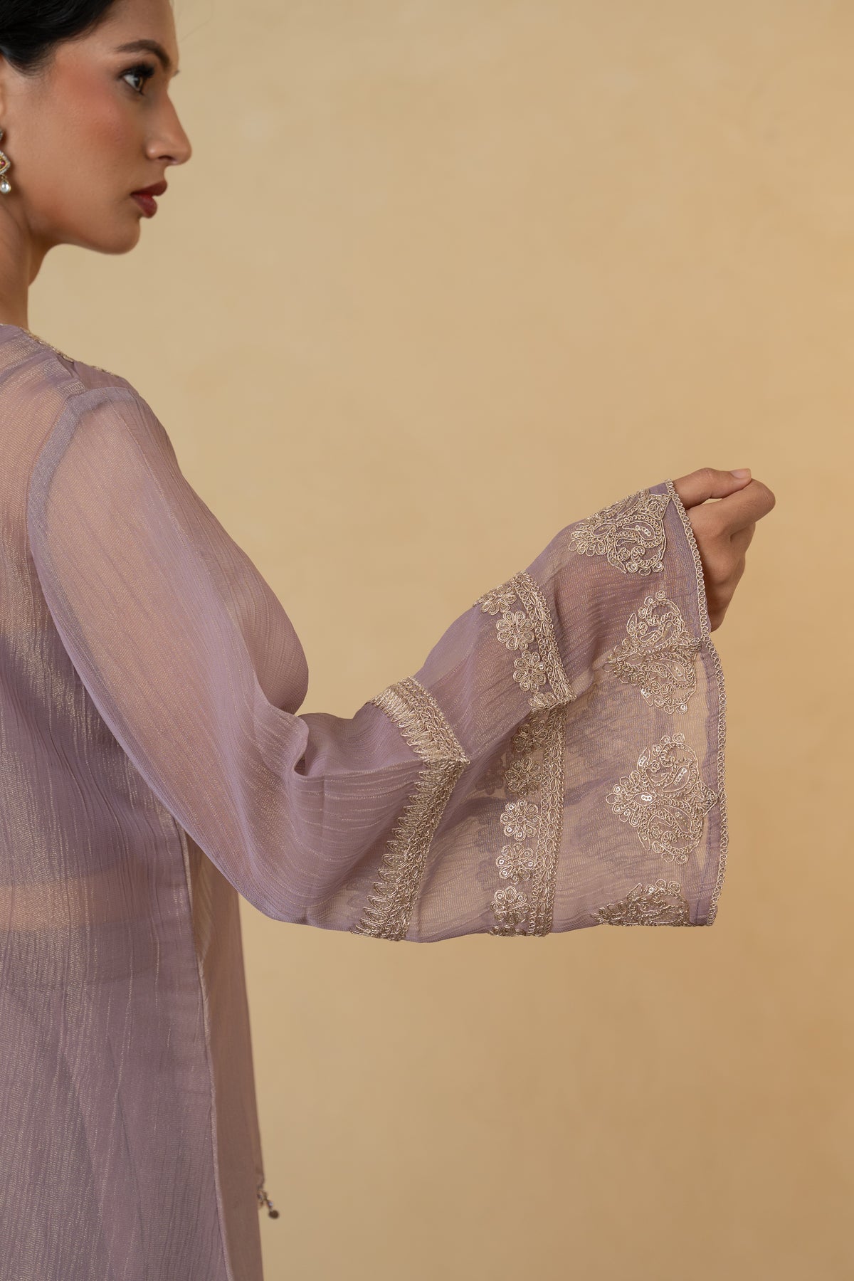 Mauve Tissue Embroidered  Palazzo Dress with  Net Dupatta