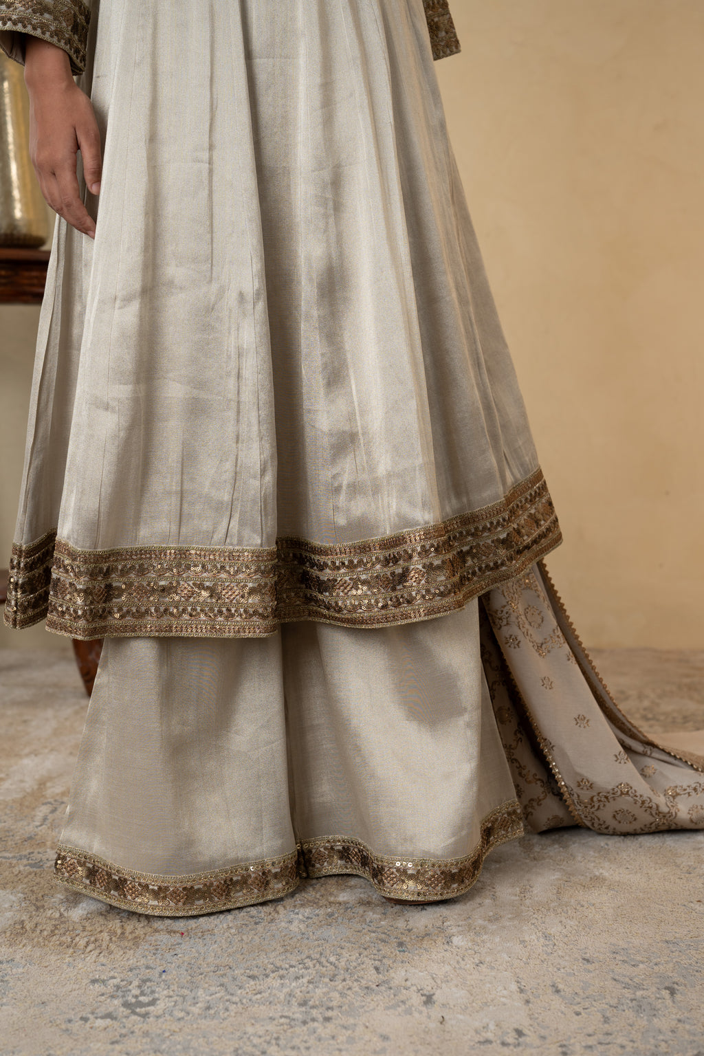 Beige Tissue Embroidered Anarkali Palazzo with Silk Weaving Dupatta