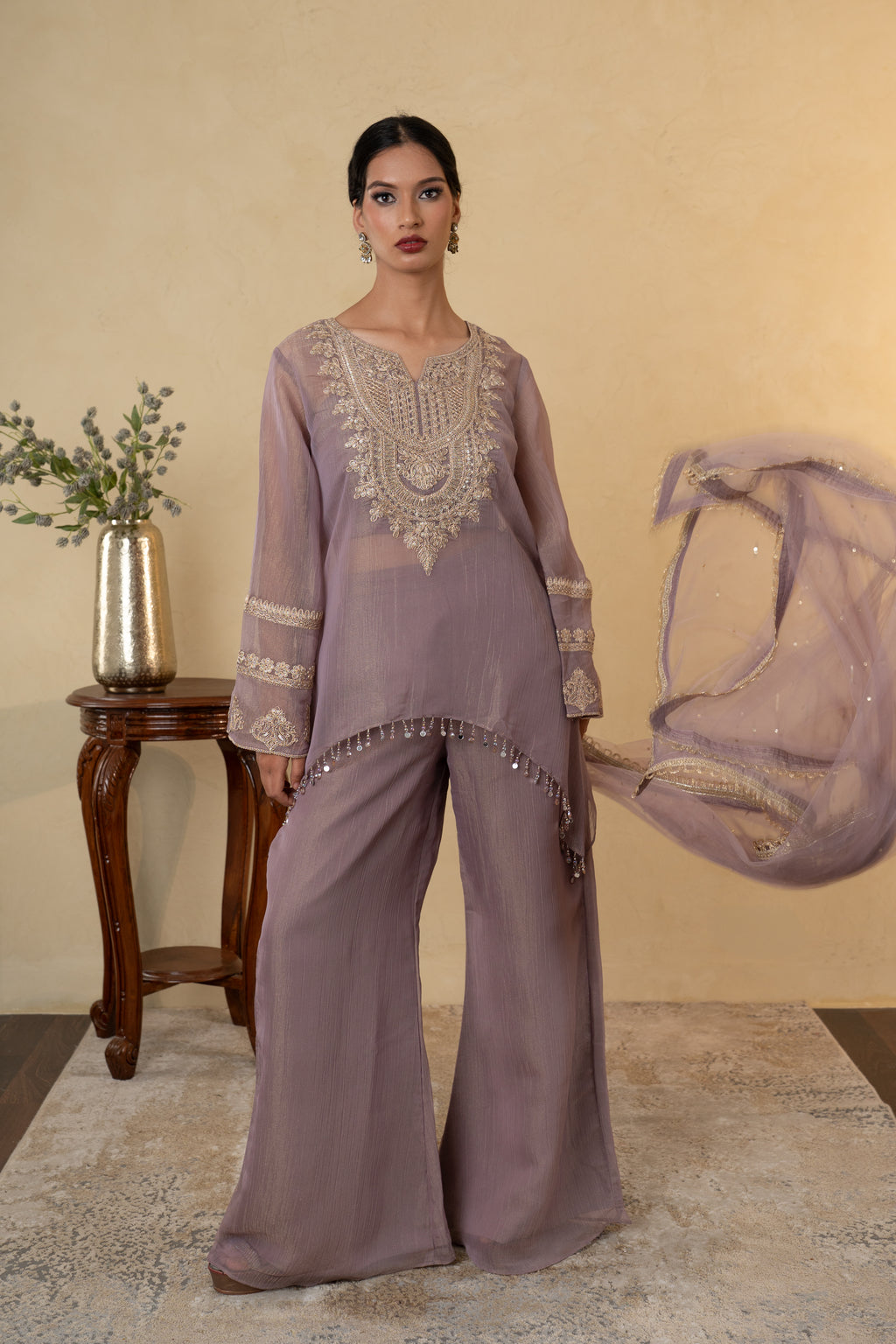 Mauve Tissue Embroidered  Palazzo Dress with  Net Dupatta