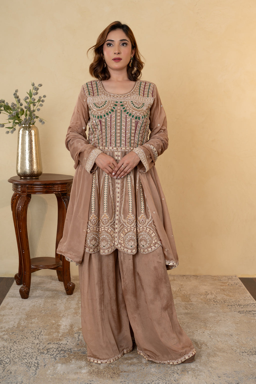 Light Brown Chinon Thread & Cutdana Embroidered Anarkali Sharara Suit
