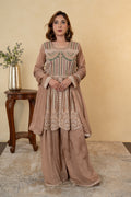 Light Brown Chinon Thread & Cutdana Embroidered Anarkali Sharara Suit