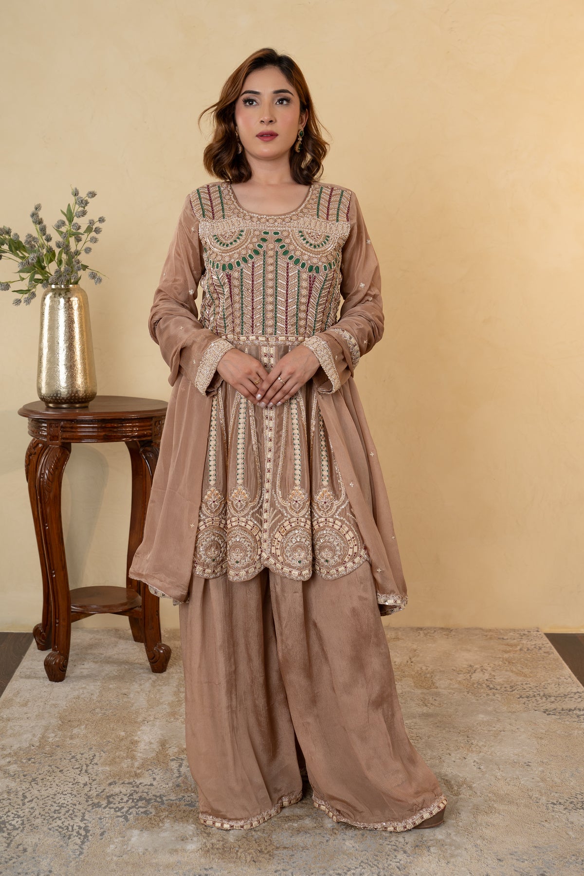 Light Brown Chinon Thread & Cutdana Embroidered Anarkali Sharara Suit