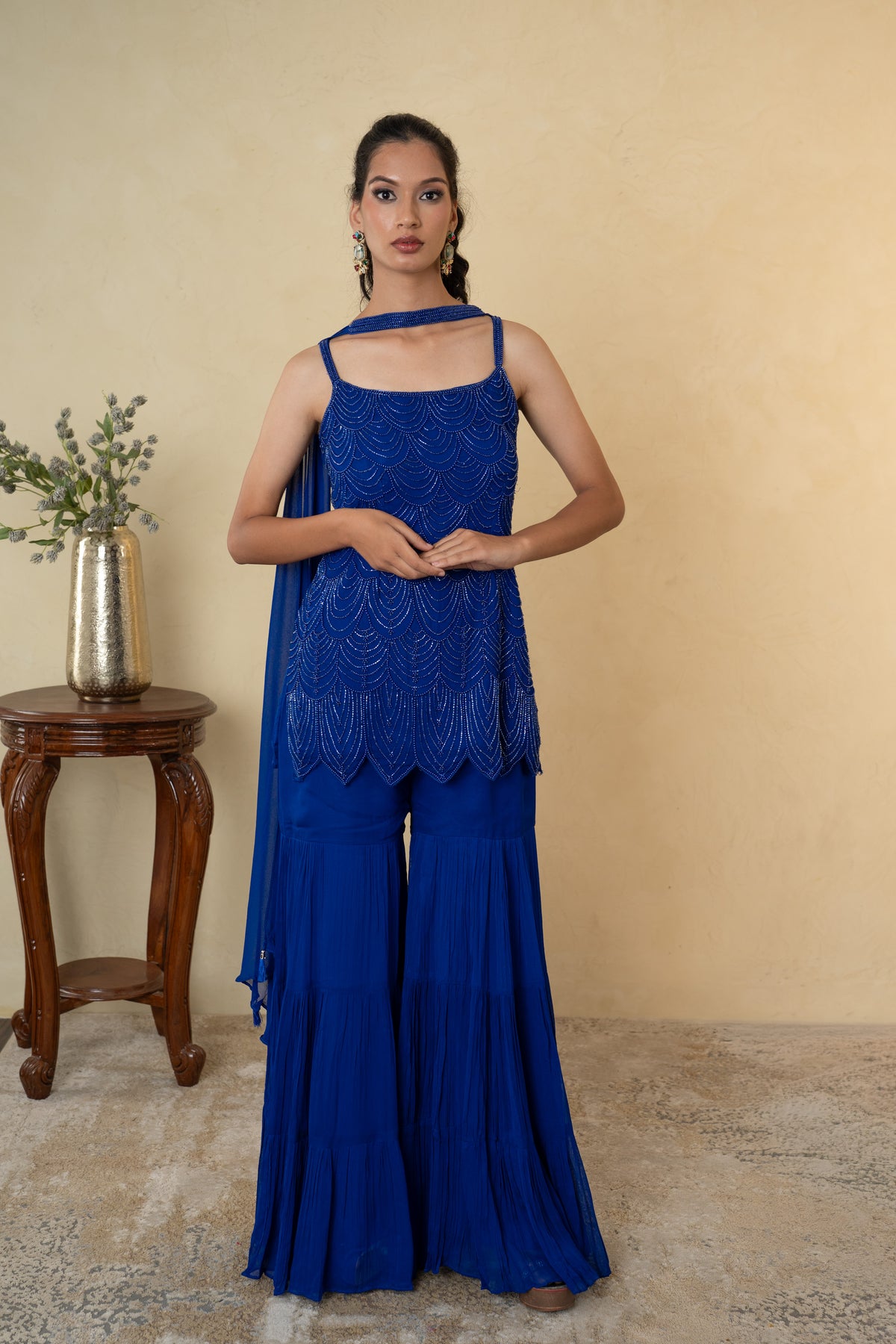 Royal Blue Pearl Work Kurti Garara with Dupatta