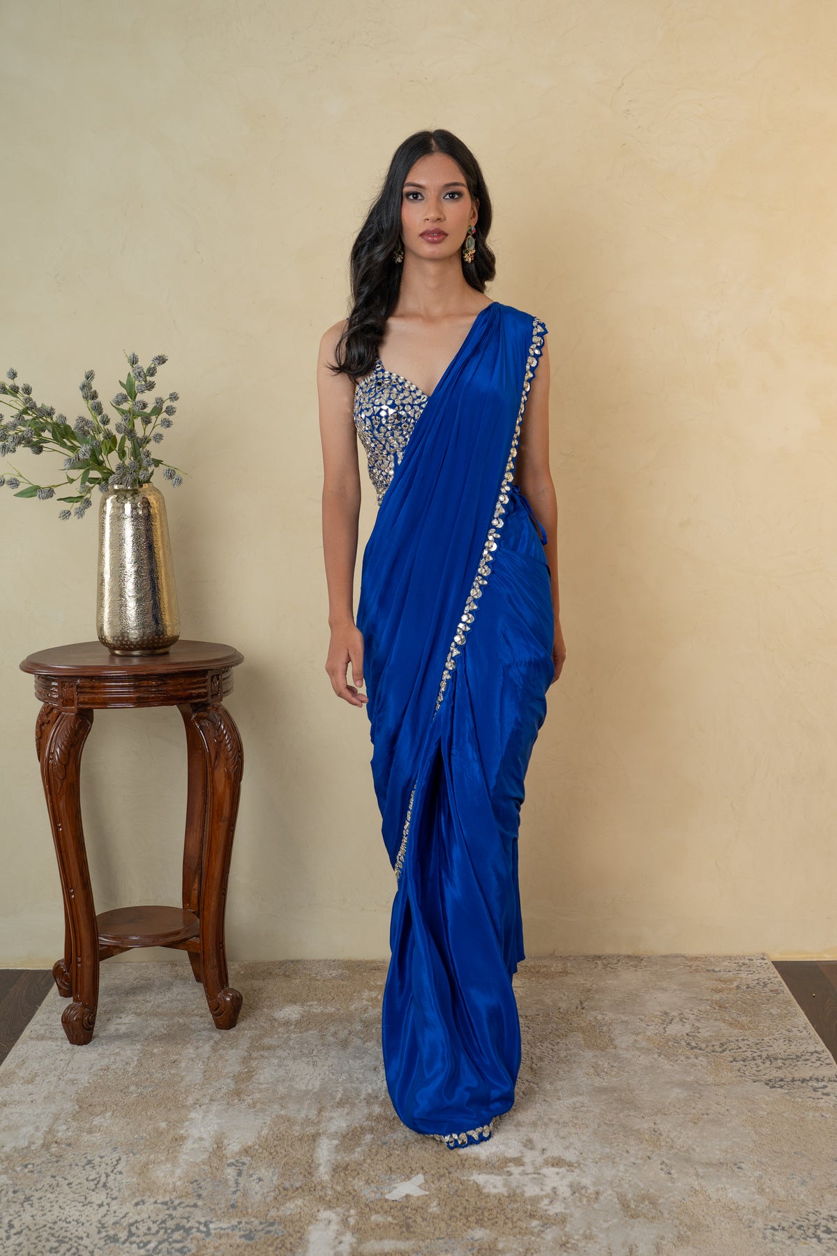 Royal Blue Mirror Work Drape Saree