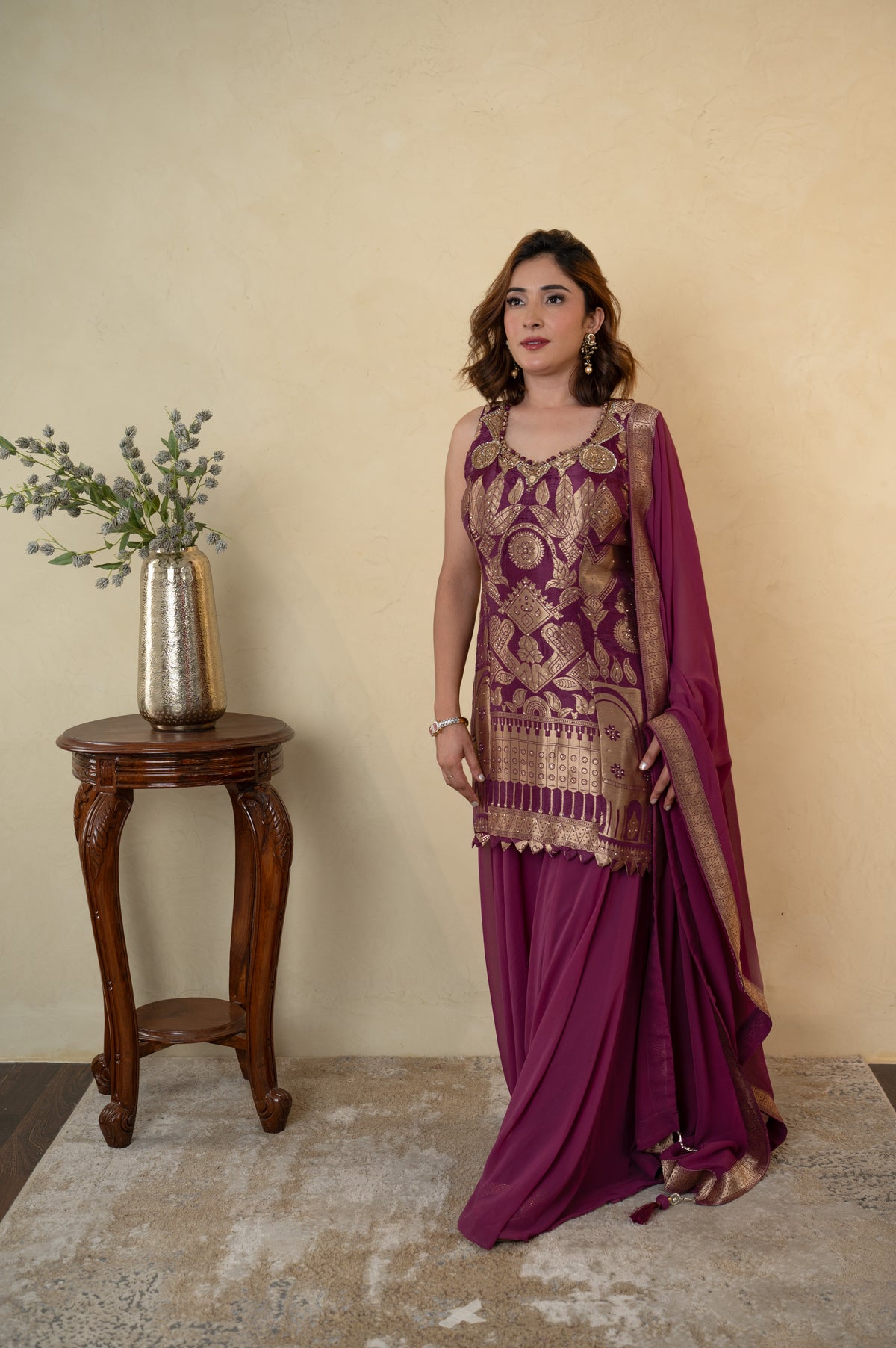 Purple Silk Weaving Cutdana Work Sharara Suit