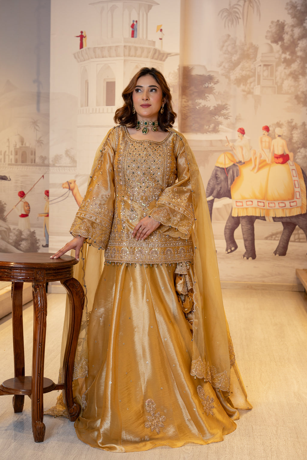 Mustard Gold Tissue Handwork Kurti Lehenga with Dupatta