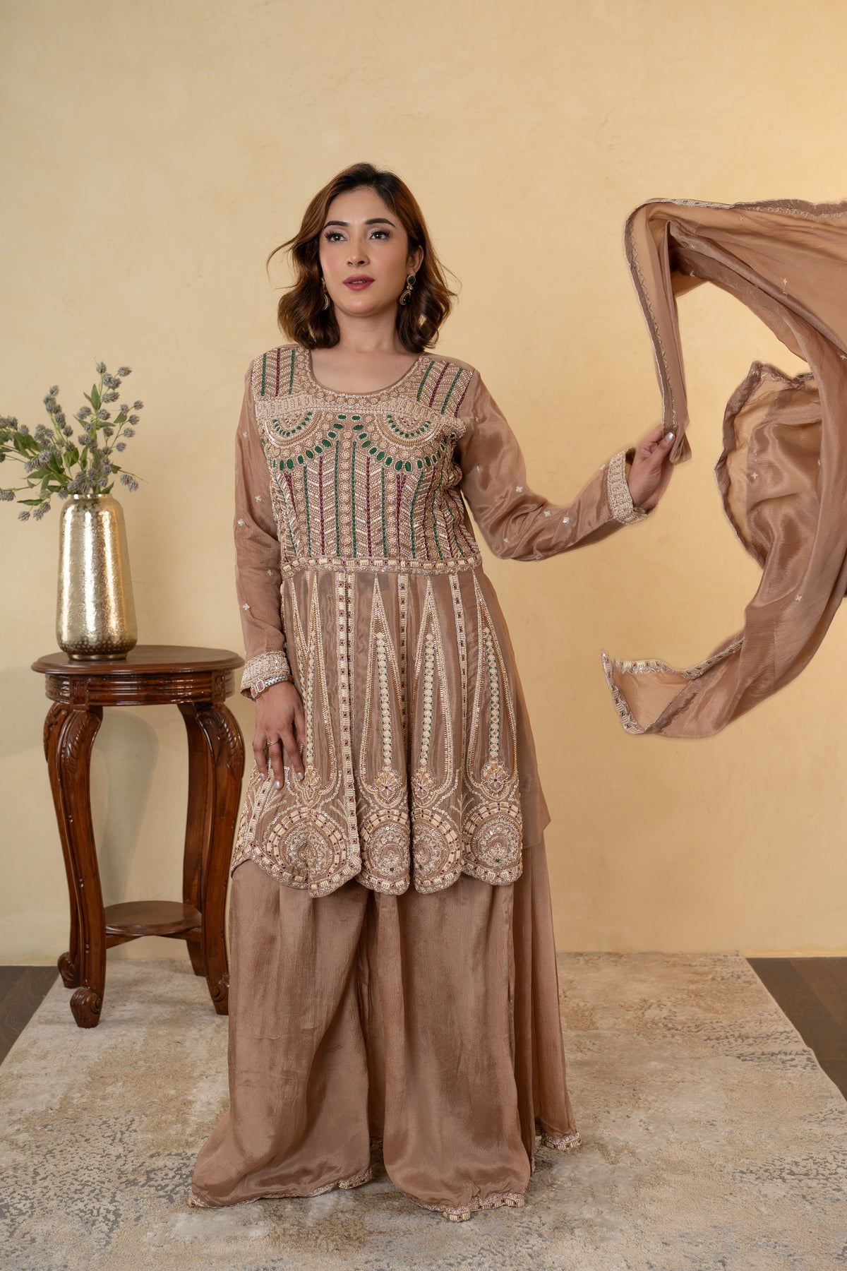 Light Brown Chinon Thread & Cutdana Embroidered Anarkali Sharara Suit
