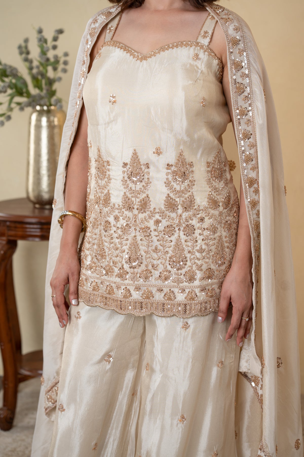 Ivory Tissue Beads Work Palazzo Dress