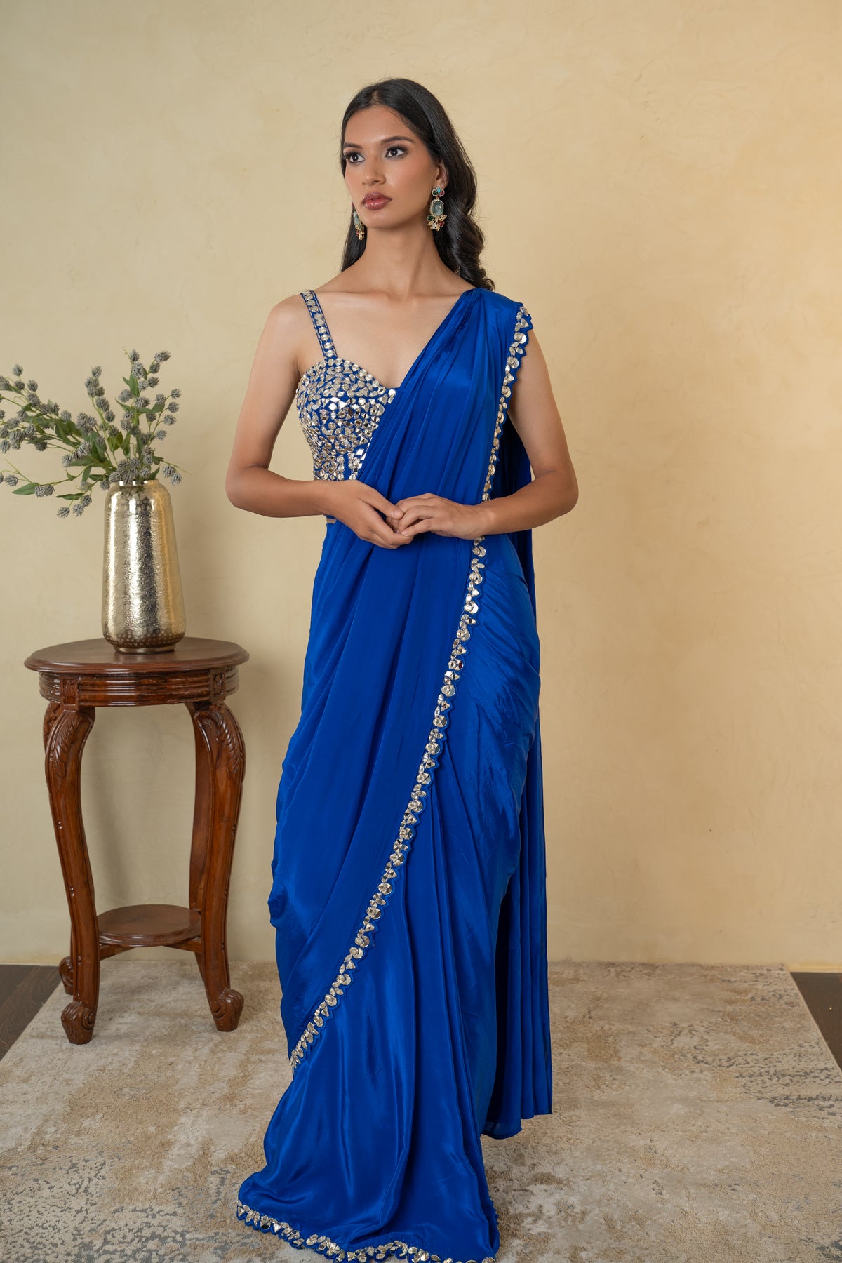 Royal Blue Mirror Work Drape Saree