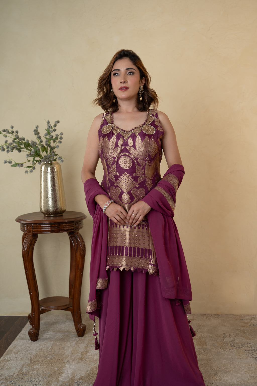 Purple Silk Weaving Cutdana Work Sharara Suit
