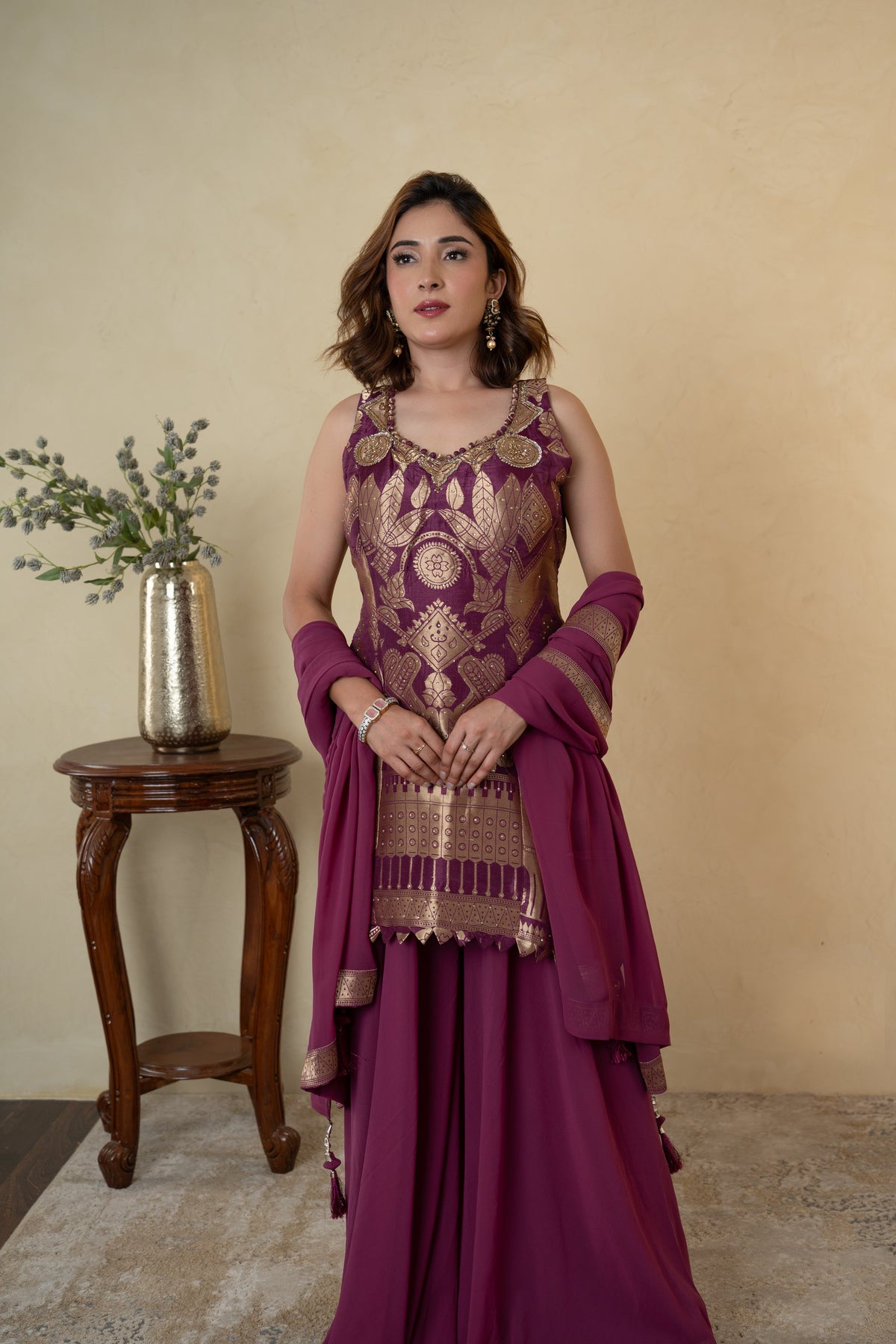 Purple Silk Weaving Cutdana Work Sharara Suit