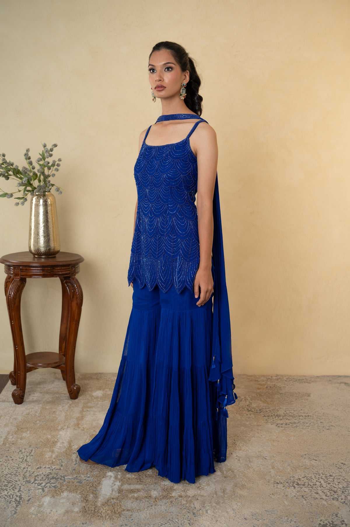 Royal Blue Pearl Work Kurti Garara with Dupatta