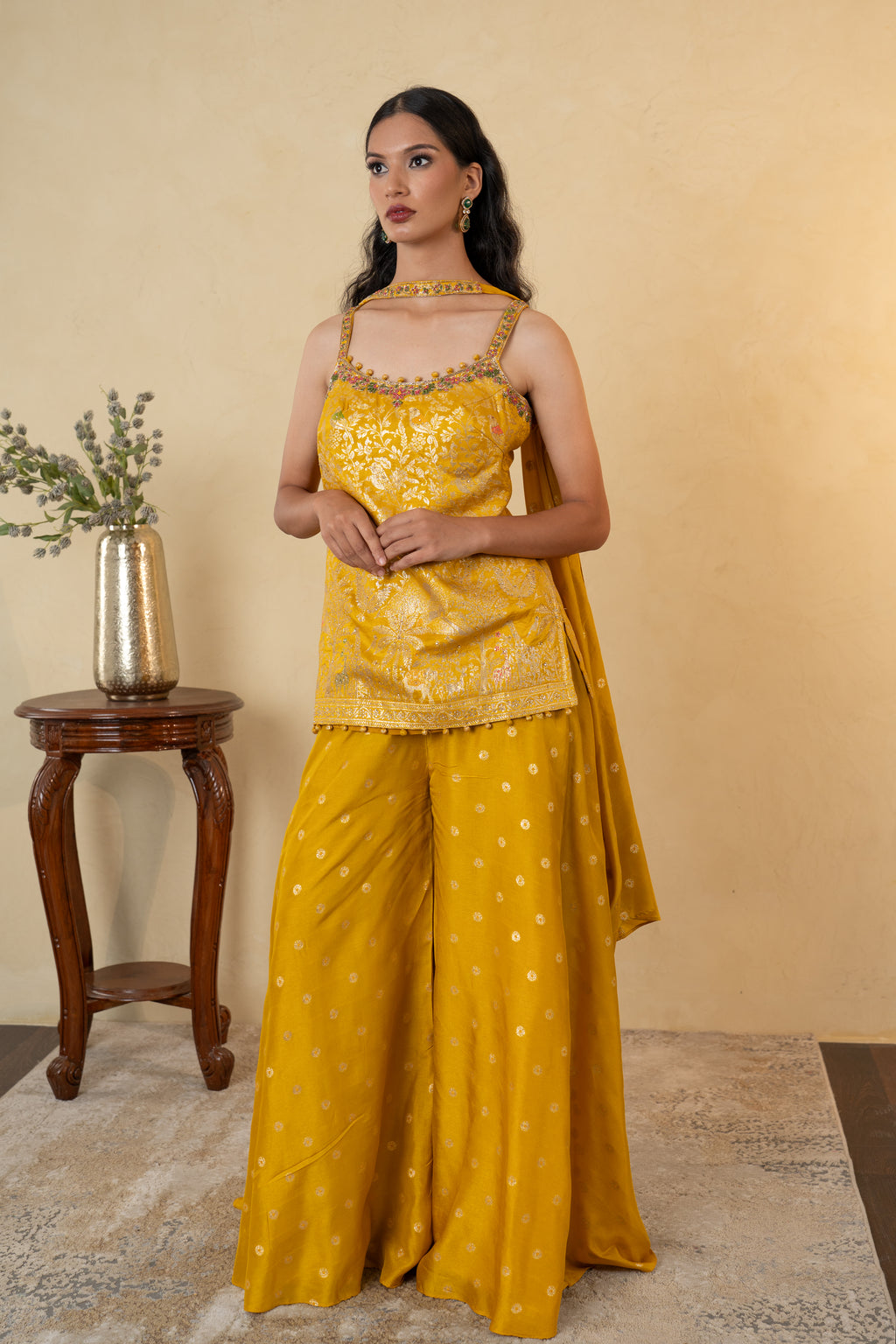 Mustard Yellow Silk Weaving Palazzo Dress