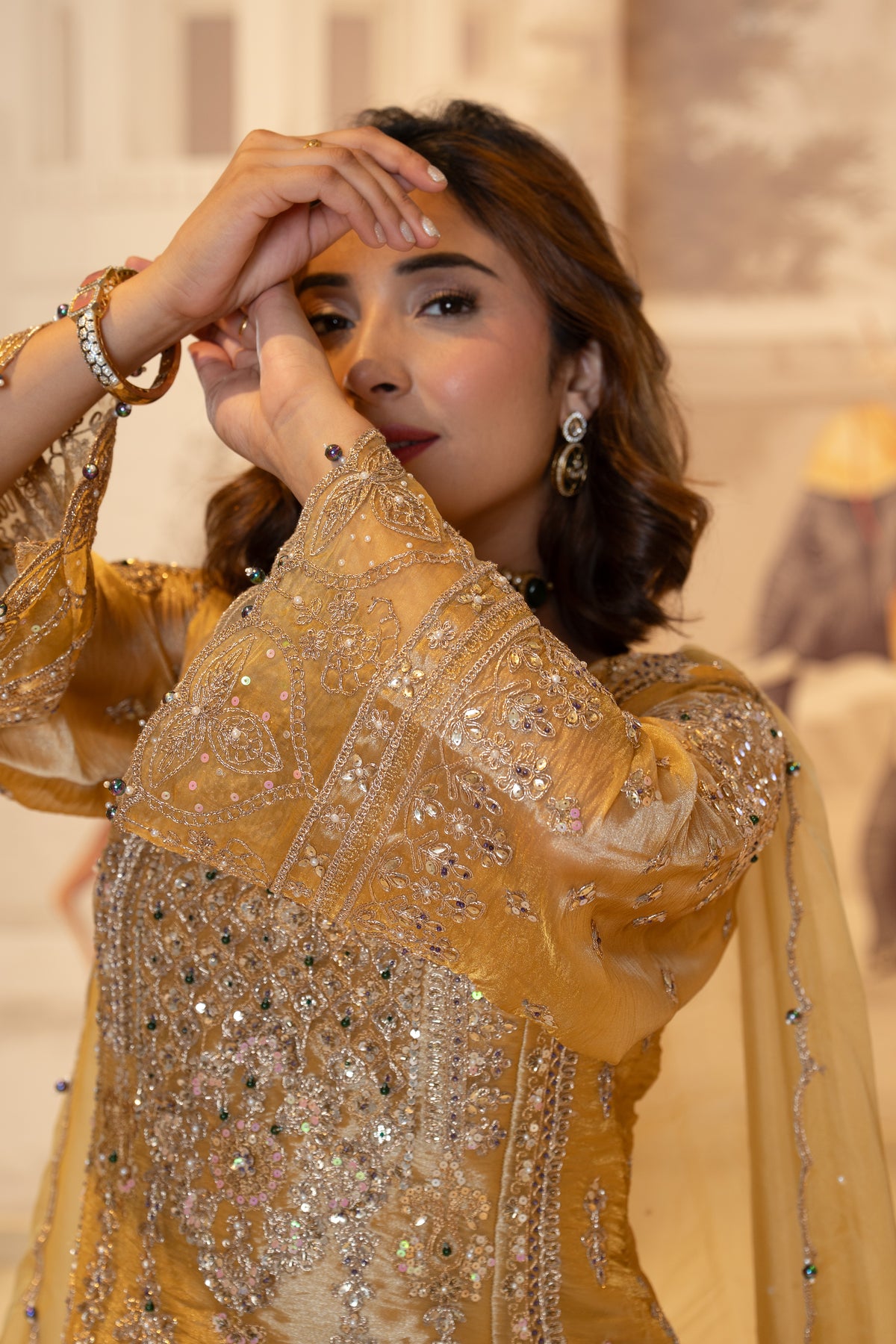 Mustard Gold Tissue Handwork Kurti Lehenga with Dupatta