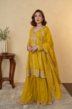 Mustard Yellow Chinon Embroidered Anarkali Sharara Dress with Dupatta