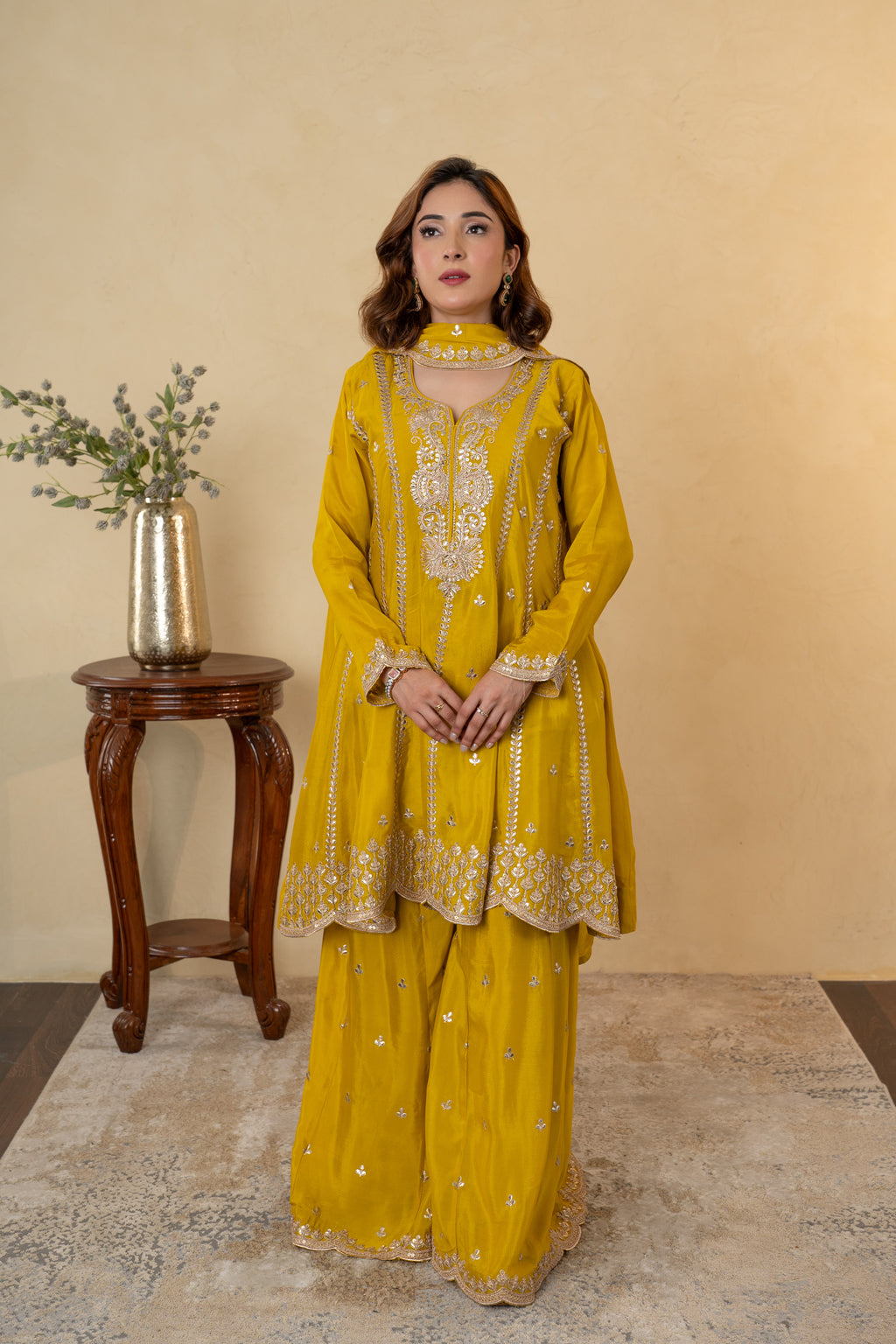 Mustard Yellow Chinon Embroidered Anarkali Sharara Dress with Dupatta