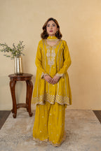 Mustard Yellow Chinon Embroidered Anarkali Sharara Dress with Dupatta