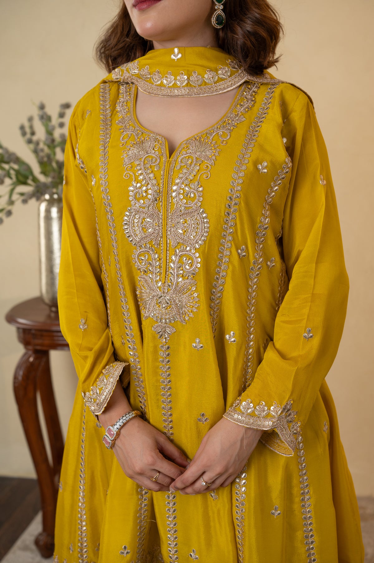 Mustard Yellow Chinon Embroidered Anarkali Sharara Dress with Dupatta