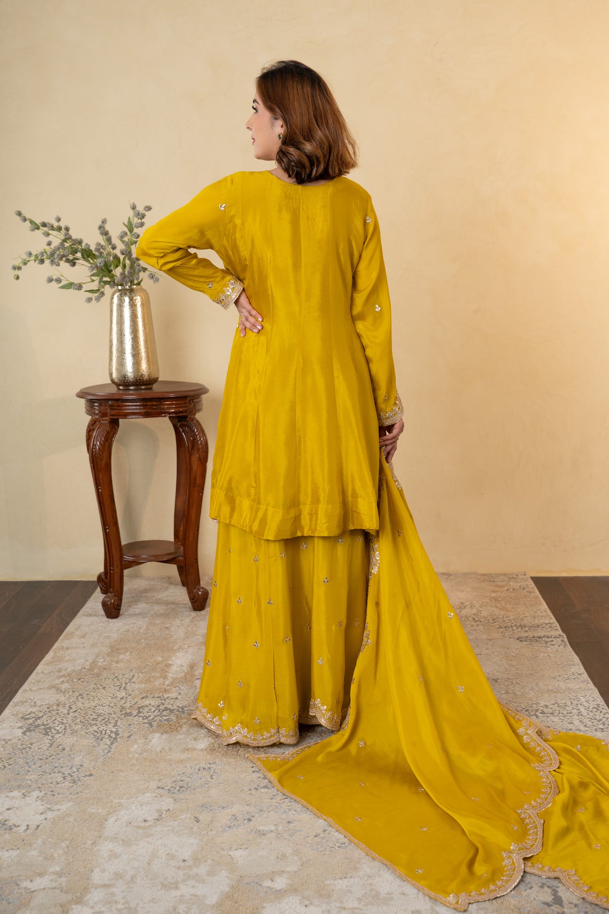 Mustard Yellow Chinon Embroidered Anarkali Sharara Dress with Dupatta