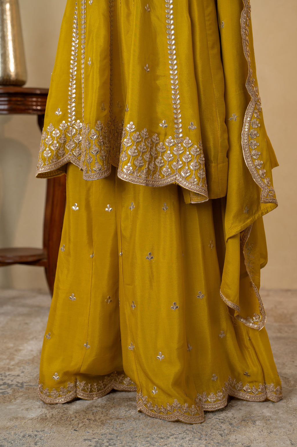Mustard Yellow Chinon Embroidered Anarkali Sharara Dress with Dupatta