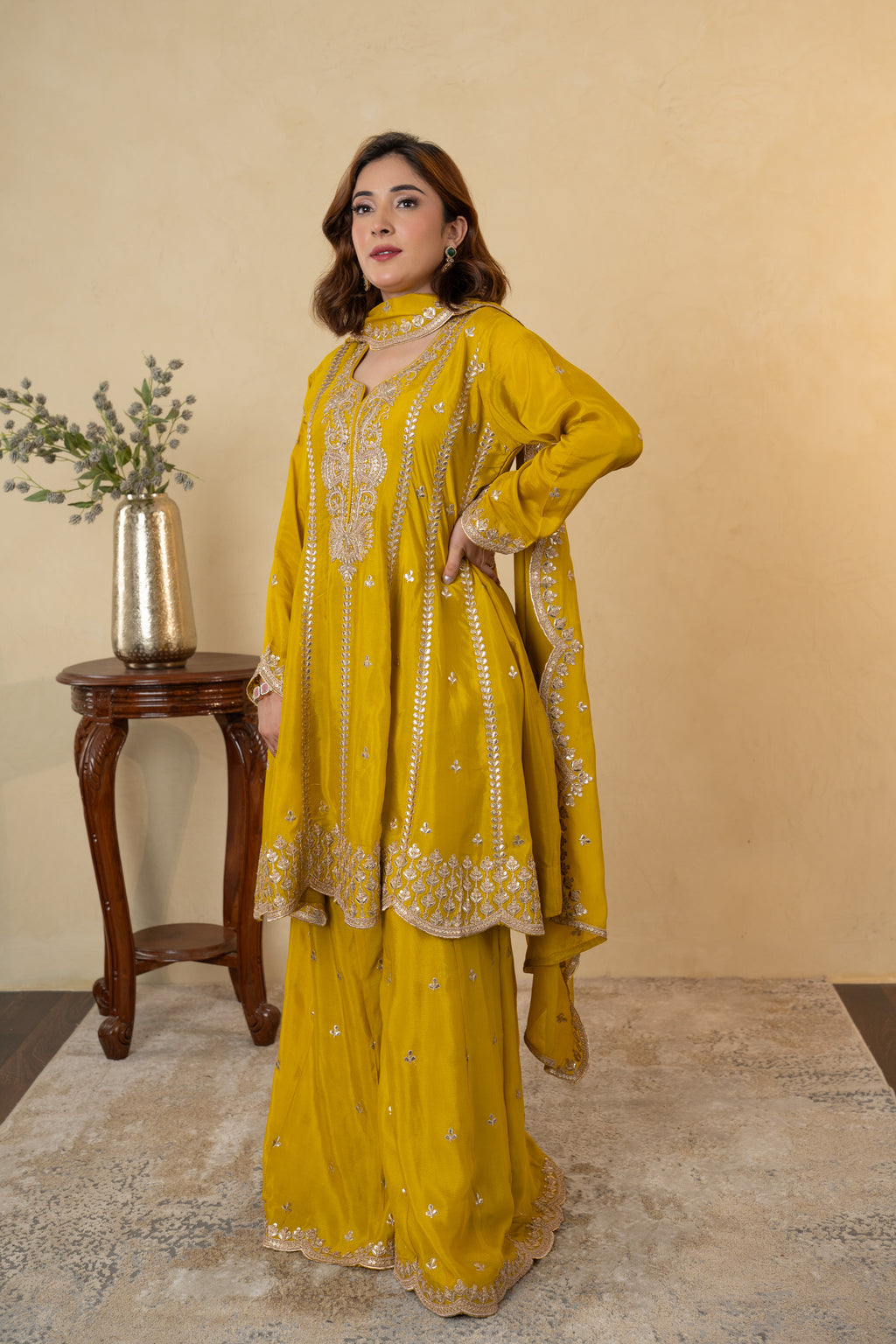 Mustard Yellow Chinon Embroidered Anarkali Sharara Dress with Dupatta