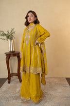 Mustard Yellow Chinon Embroidered Anarkali Sharara Dress with Dupatta