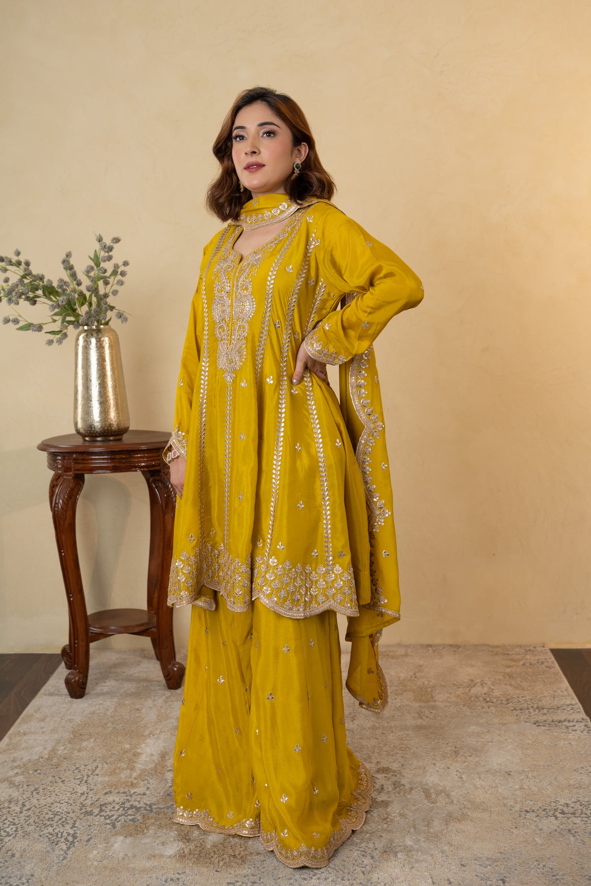 Mustard Yellow Chinon Embroidered Anarkali Sharara Dress with Dupatta