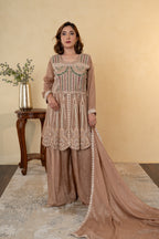 Light Brown Chinon Thread & Cutdana Embroidered Anarkali Sharara Suit