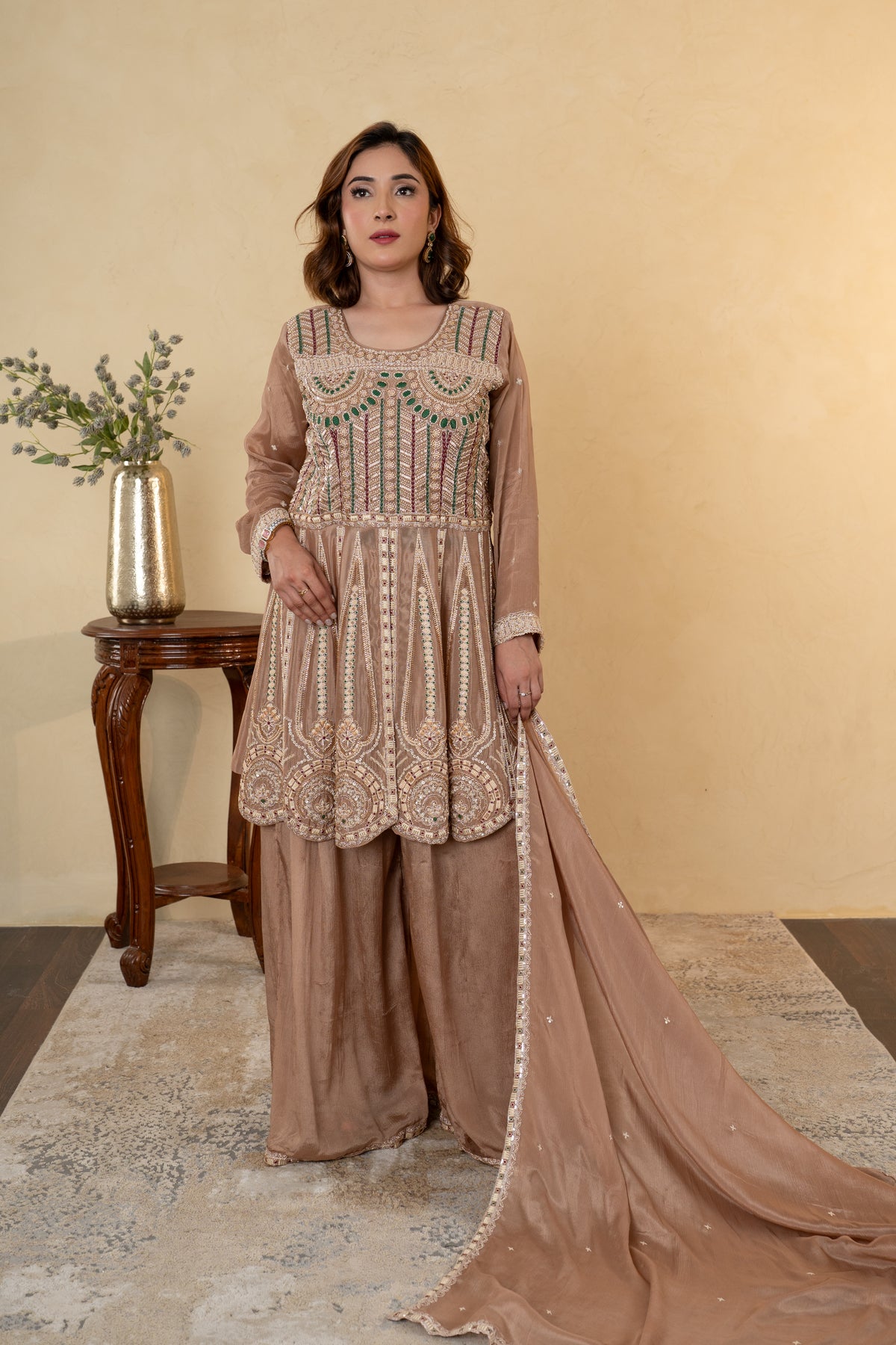 Light Brown Chinon Thread & Cutdana Embroidered Anarkali Sharara Suit
