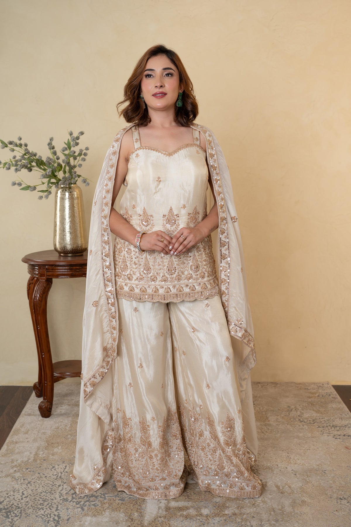 Ivory Tissue Beads Work Palazzo Dress