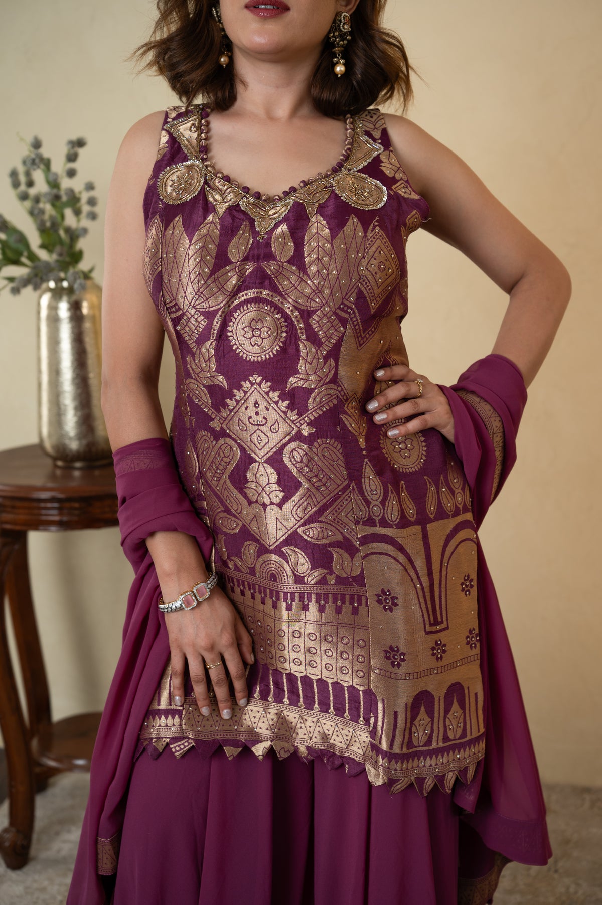 Purple Silk Weaving Cutdana Work Sharara Suit