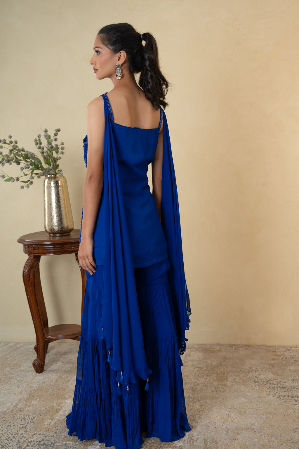 Royal Blue Pearl Work Kurti Garara with Dupatta