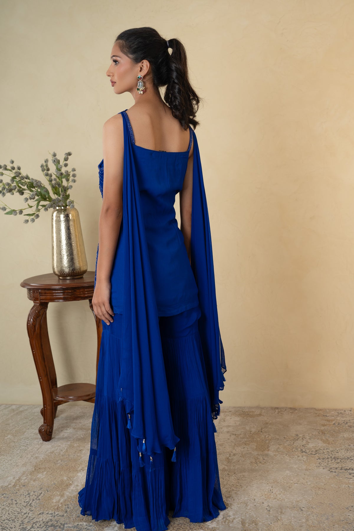 Royal Blue Pearl Work Kurti Garara with Dupatta