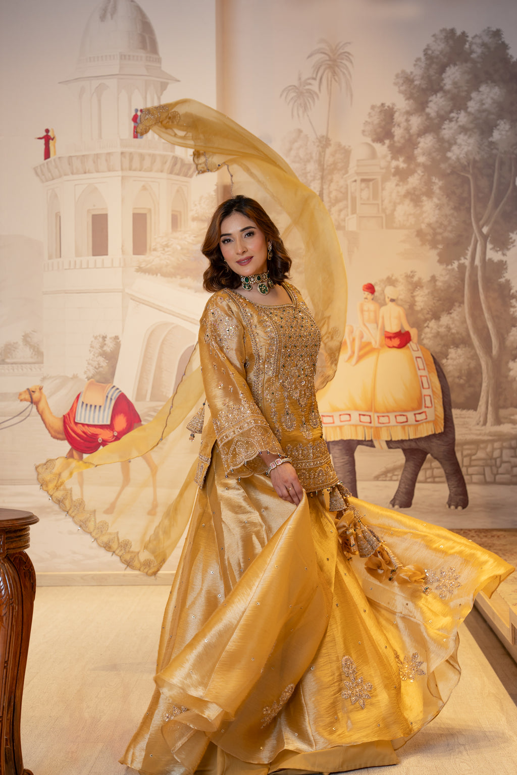 Mustard Gold Tissue Handwork Kurti Lehenga with Dupatta